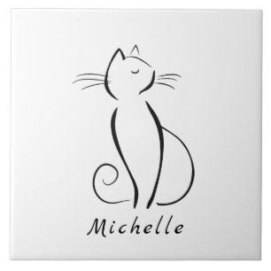 Azulejo gato negro minimalista con el nombre de añadir bl