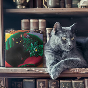Azulejo Gato negro místico Dragón verde esmeralda Fantasía