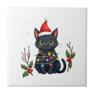 Azulejo Gato Negro Navidad Sombrero Santa Divertido Meowy