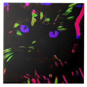 Azulejo Gato negro neón con ojos brillantes