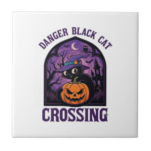 Azulejo Gato Negro Peligro Cruzando Halloween Calabaza Bru