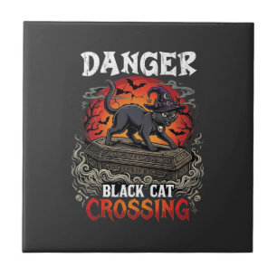 Azulejo Gato negro peligroso cruzando sombrero de bruja de