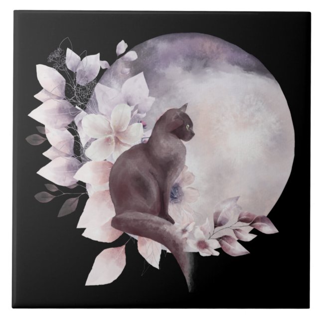 Azulejo Gato negro por una luna llena mágica (Frente)