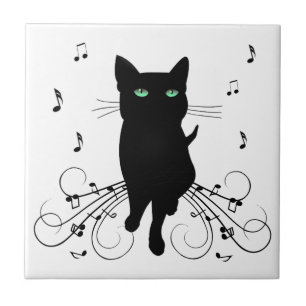 Azulejo Gato negro rodeado de notas susurrantes de música
