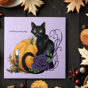 Azulejo Gato Negro Rosa Púrpura Calabaza Otoño