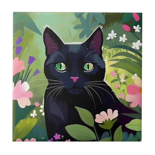 Azulejo Gato negro sentado en un campo de flores (Frente)