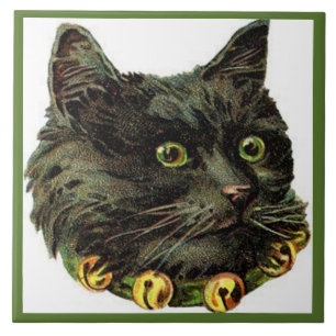 Azulejo Gato negro victoriano con collar de campana