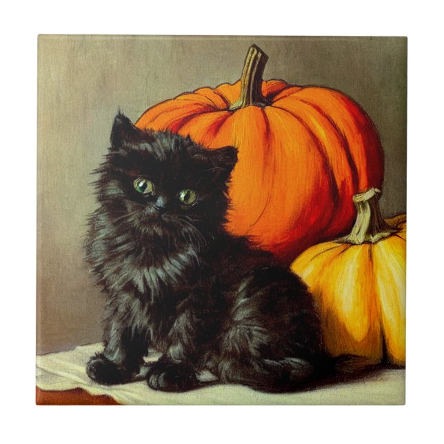 Azulejo Gato negro vintage de Halloween y calabazas (Frente)