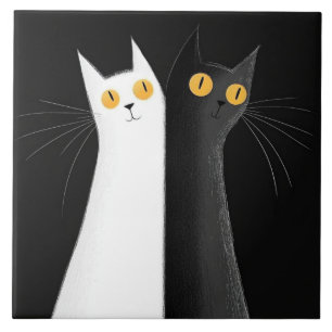 Azulejo Gato Negro y Gatos Blancos sobre Negro