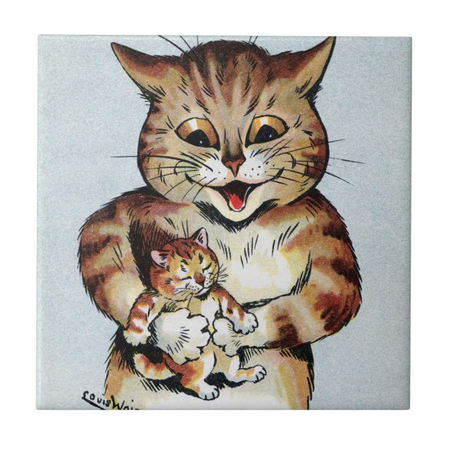 Azulejo Gato padre sosteniendo un gatito, Louis Wain (Frente)