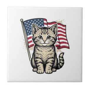 Azulejo Gato Patriótico con Bandera Americana Diseño Vecto