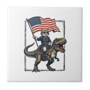 Azulejo Gato Patriótico Montando Dinosaurio Diseño Vector