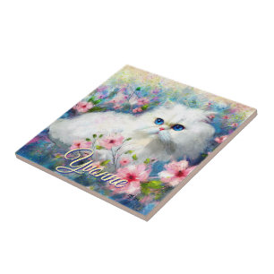 Azulejo Gato Persa Ojos Azules en Flores Rosas Personaliza