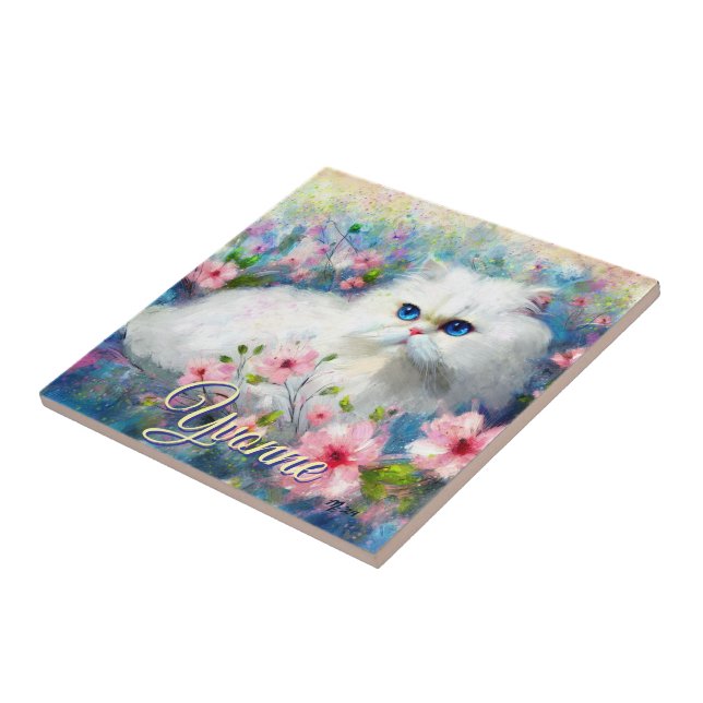 Azulejo Gato Persa Ojos Azules en Flores Rosas Personaliza (Lado)