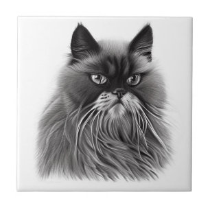 Azulejo Gato Persa Precioso en Blanco y Negro