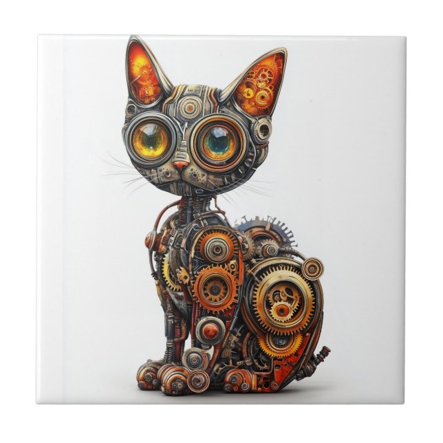 Azulejo Gato Robot Steampunk de Vapor � (Frente)