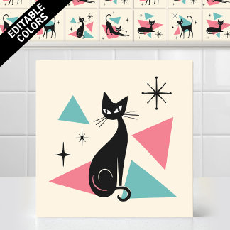 Azulejo Gato sentado retro atómico de los 50 Editable colo