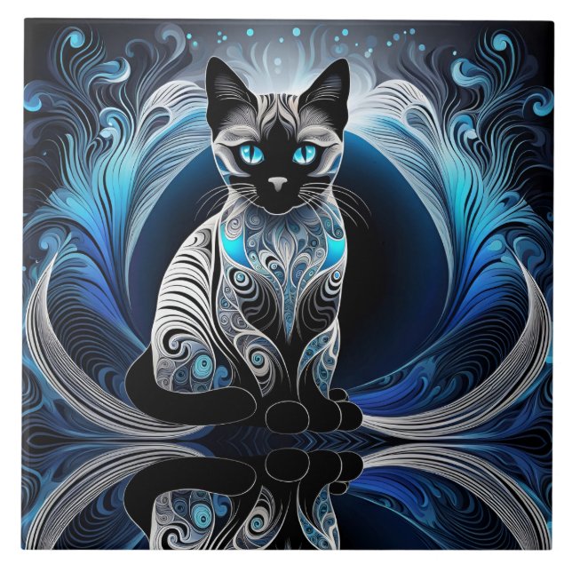Azulejo Gato siamés, abstracto azul y blanco negro (Frente)