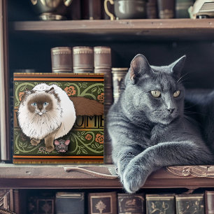 Azulejo Gato Siamés de Bienvenida Esponjoso Ratón Vintage