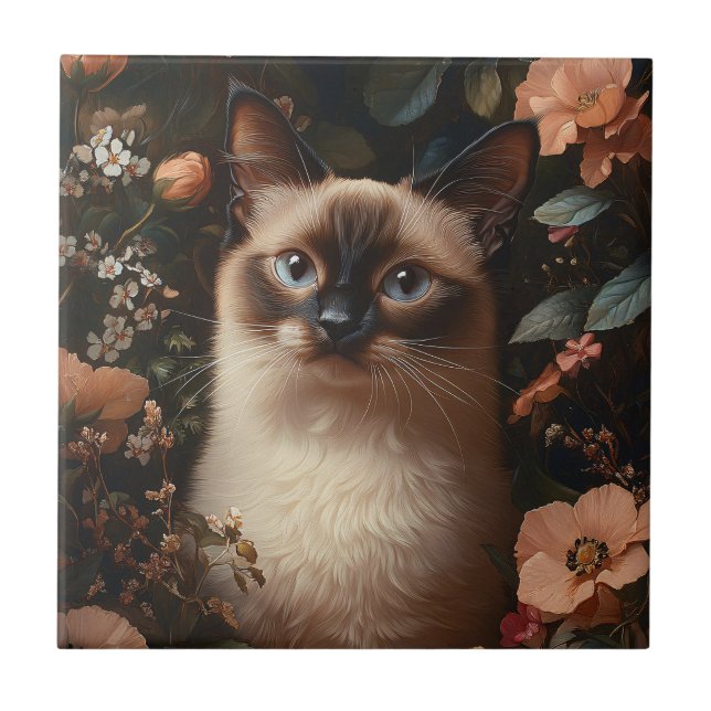 Azulejo Gato Siamés Rodeado De Flores Rosa De Rubor (Frente)