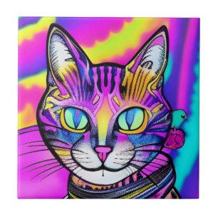 Azulejo Gato sonriente psicodélico colorido fucsia morada