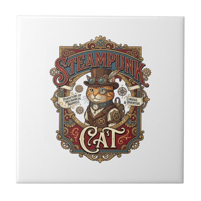 Azulejo Gato Steampunk Steampunk Gato Vintage (Frente)