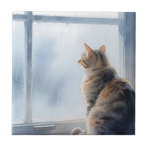 Azulejo Gato Tabby de Acuarela Ventana Lluviosa