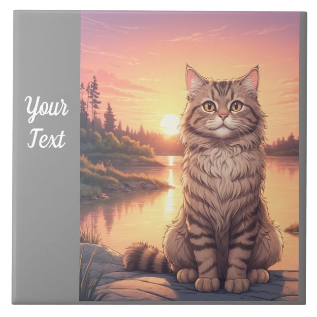 Azulejo Gato Tabby Gris junto al Lago (Frente)