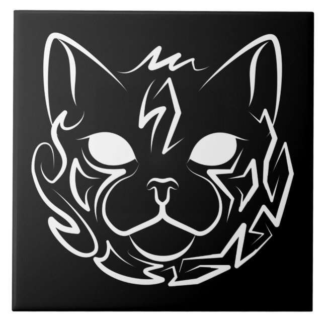 Azulejo Gato tribal negro y blanco (Frente)