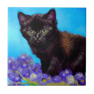 Azulejo Gato Van Gogh y flores