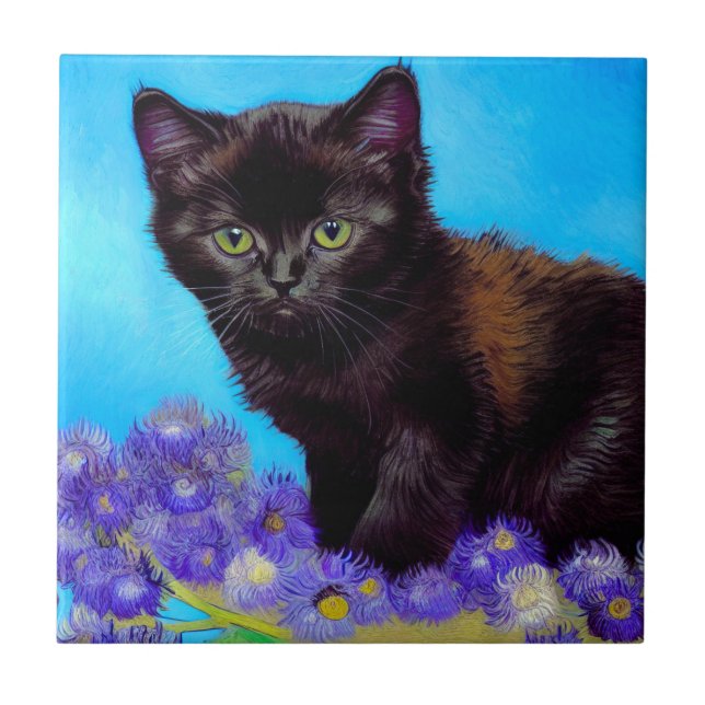 Azulejo Gato Van Gogh y flores (Frente)