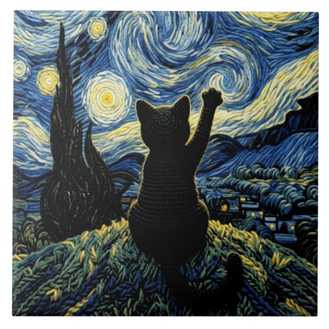Azulejo Gato Vangogh Noche Estrellada (Frente)