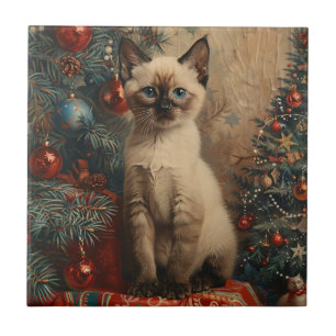 Azulejo Gato vintage de los Navidades de gatito siameses