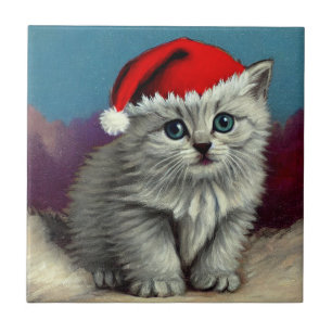 Azulejo Gato vintage de Navidad en Sombrero Santa