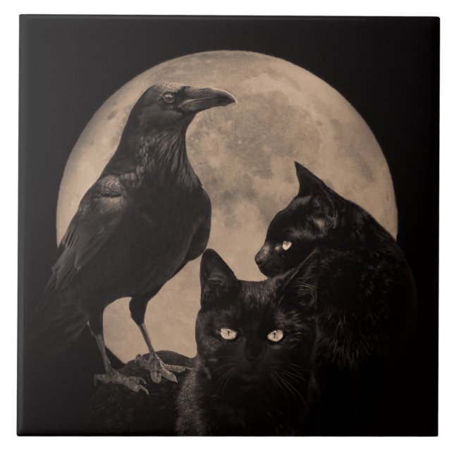 Azulejo Gato Wicca, Raven y Moon Vintage (Frente)