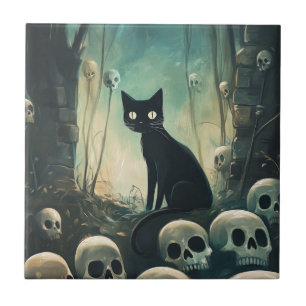 Azulejo Gato y cráneo de Halloween