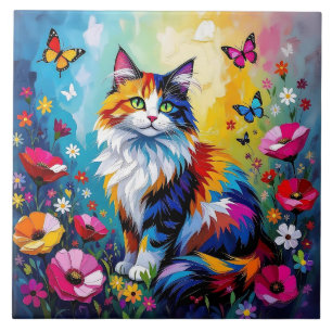 Azulejo Gato y Flores de Colores Brillantes con Impasto