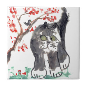 Azulejo Gato y pájaro de la flor de cerezo