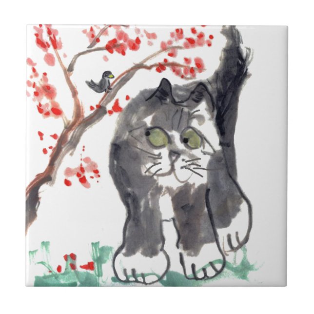 Azulejo Gato y pájaro de la flor de cerezo (Frente)