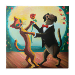Azulejo Gato y perro bailando tango en Dance Club, arte de