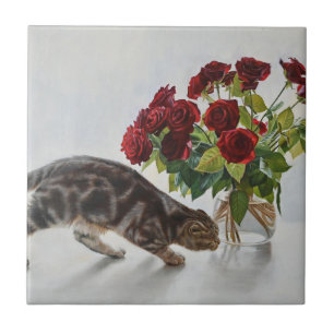 Azulejo Gato y Rosas Rojas – Impresión de Pintura al Óleo 