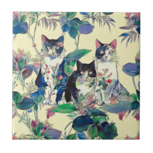 Azulejo Gatos acuarela en un jardín