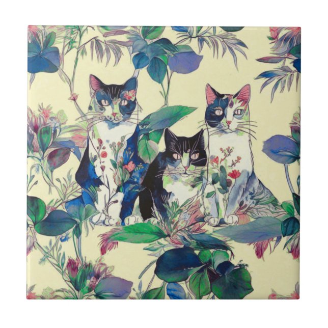 Azulejo Gatos acuarela en un jardín (Frente)