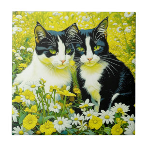 Azulejo Gatos adorables sentados en un campo de margaritas