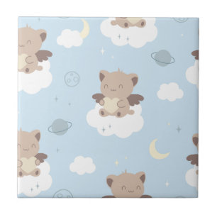 Azulejo Gatos ángeles Kawaii en patrón de nubes