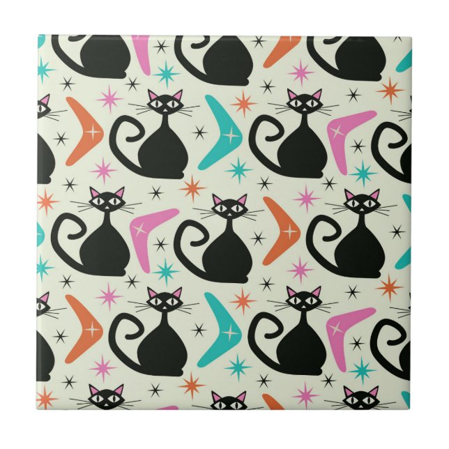 Azulejo Gatos atómicos negros de mediados del siglo XX con (Frente)