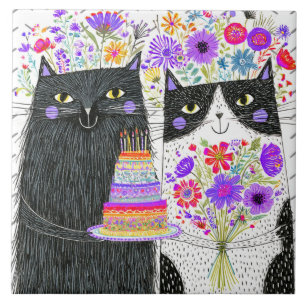 Azulejo Gatos caprichosos de cumpleaños ramo floral