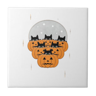 Azulejo Gatos de Halloween Calabazas Fondo negro Ilus