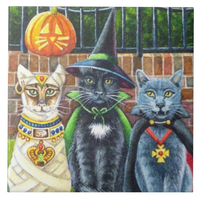 Azulejo Gatos de Halloween en arte acuático de disfraces (Frente)