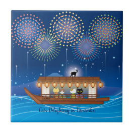 Azulejo Gatos deslumbrando en fuegos artificiales a bordo 